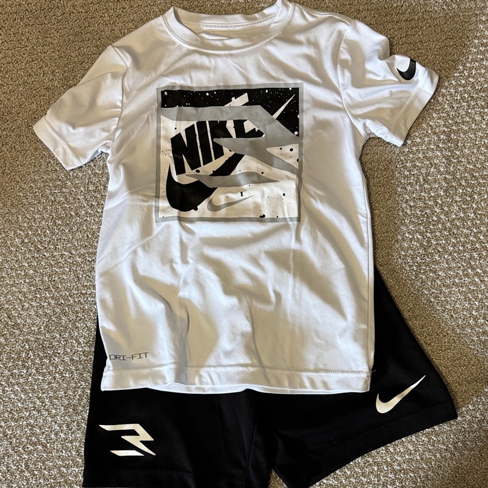 Nike White and Black Graphic Tee and Shorts Set